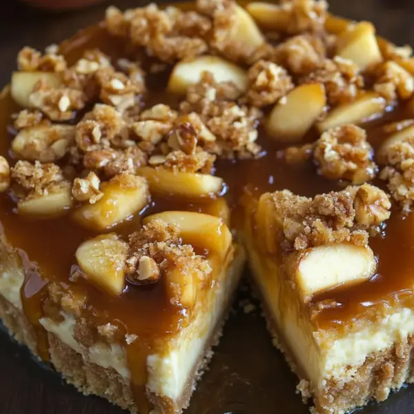 Apfel-Cheesecake mit Walnuss-Streuseln und Karamellsauce