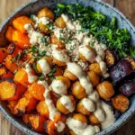 Bowl mit ger&ouml;stetem Gem&uuml;se und Kichererbsen mit Tahini-Dressing