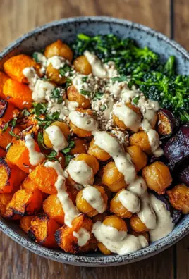 Bowl mit geröstetem Gemüse und Kichererbsen mit Tahini-Dressing