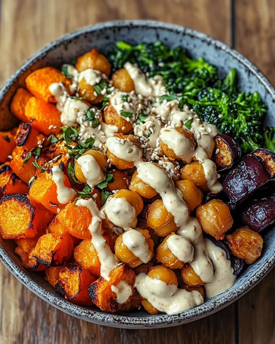 Bowl mit geröstetem Gemüse und Kichererbsen mit Tahini-Dressing