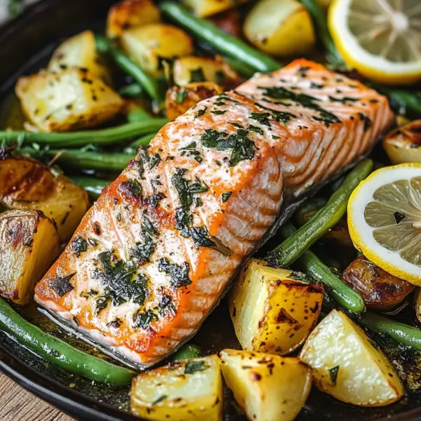 Einfaches Blechlachs Rezept mit grünen Bohnen und Kartoffeln
