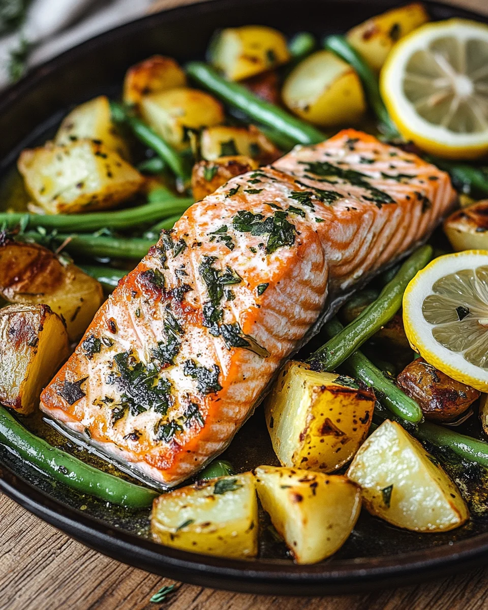 Einfaches Blechlachs Rezept mit grünen Bohnen und Kartoffeln
