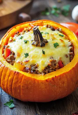 Gefüllter Kürbis mit Fleisch, Champignons, Paprika und Käse aus dem Ofen 22 Gefüllter Kürbis mit Fleisch, Champignons, Paprika und Käse aus dem Ofen