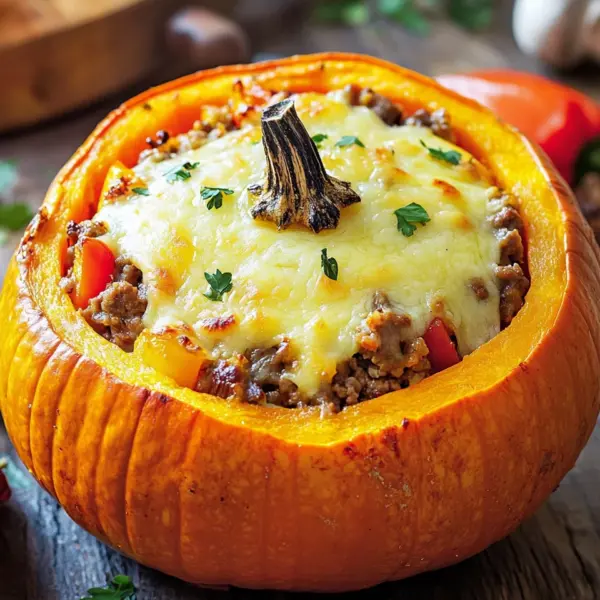 Gefüllter Kürbis mit Fleisch, Champignons, Paprika und Käse aus dem Ofen