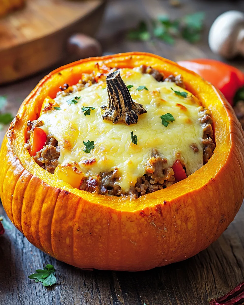 Gef&uuml;llter K&uuml;rbis mit Fleisch, Champignons, Paprika und K&auml;se aus dem Ofen