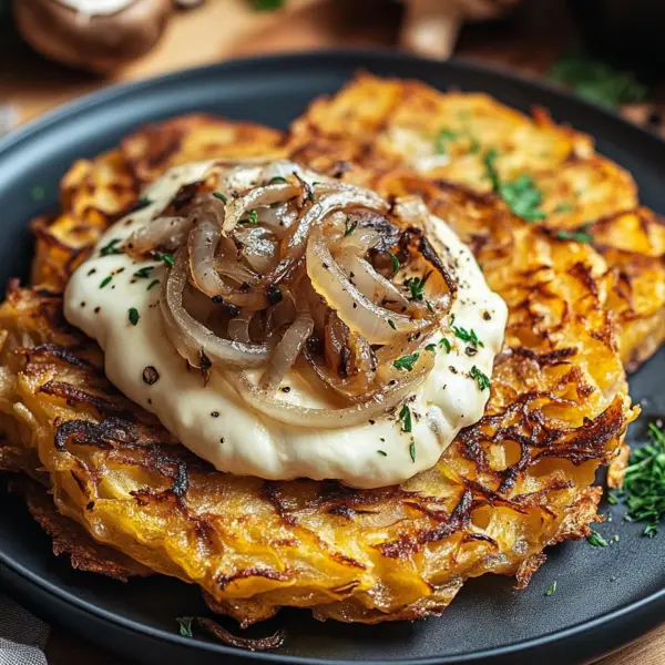 Mozzarella Rösti mit Zwiebel-Pilzrahmsoße