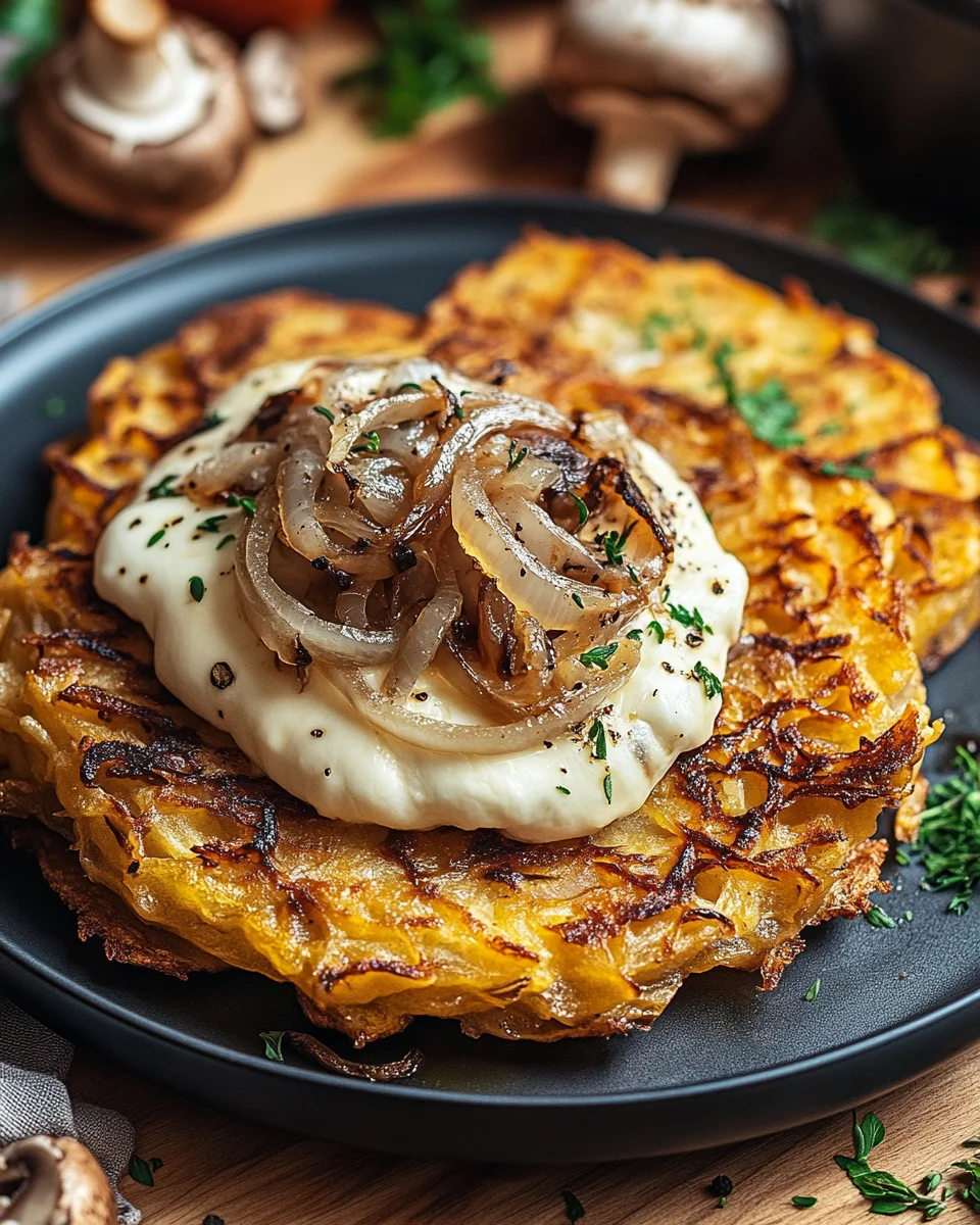 Mozzarella Rösti mit Zwiebel-Pilzrahmsoße