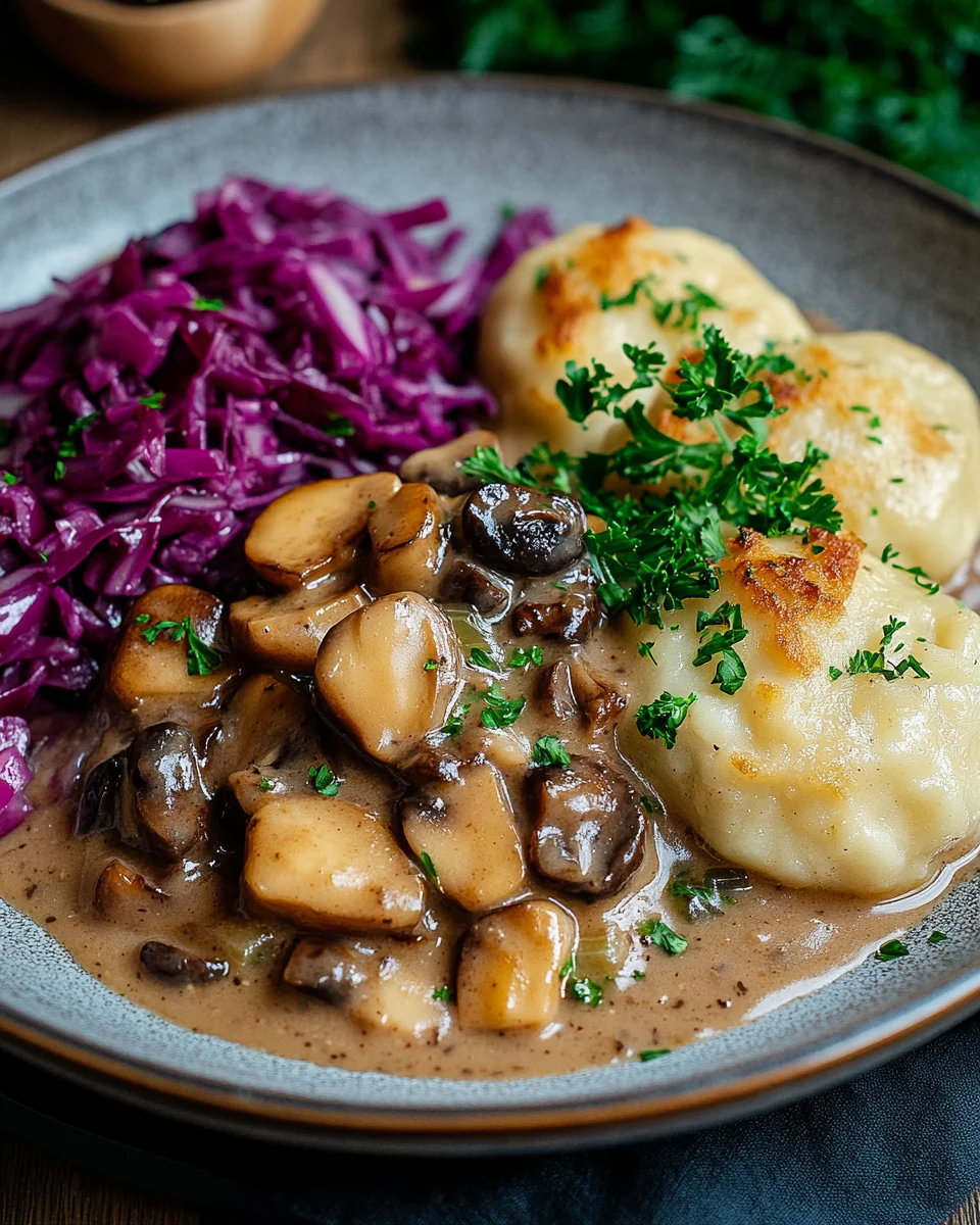 Pilz-Maronen Ragout mit Ofenknödeln und Rotkraut 16 Pilz-Maronen