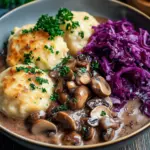 Pilz-Maronen Ragout mit Ofenkn&ouml;deln und Rotkraut