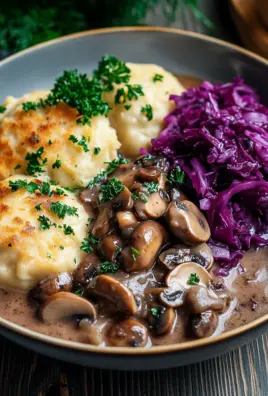 Pilz-Maronen Ragout mit Ofenknödeln und Rotkraut