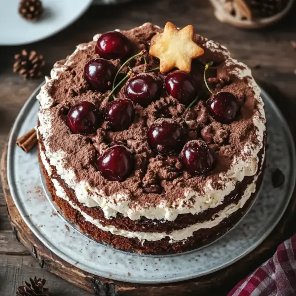 Winterlicher Maulwurfkuchen mit Zimtsahne und Punschkirschen
