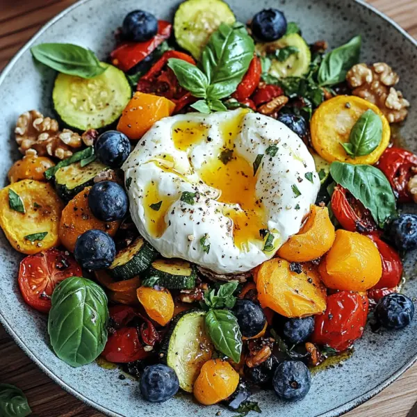 Burrata-Salat mit Ofengemüse und Blaubeeren