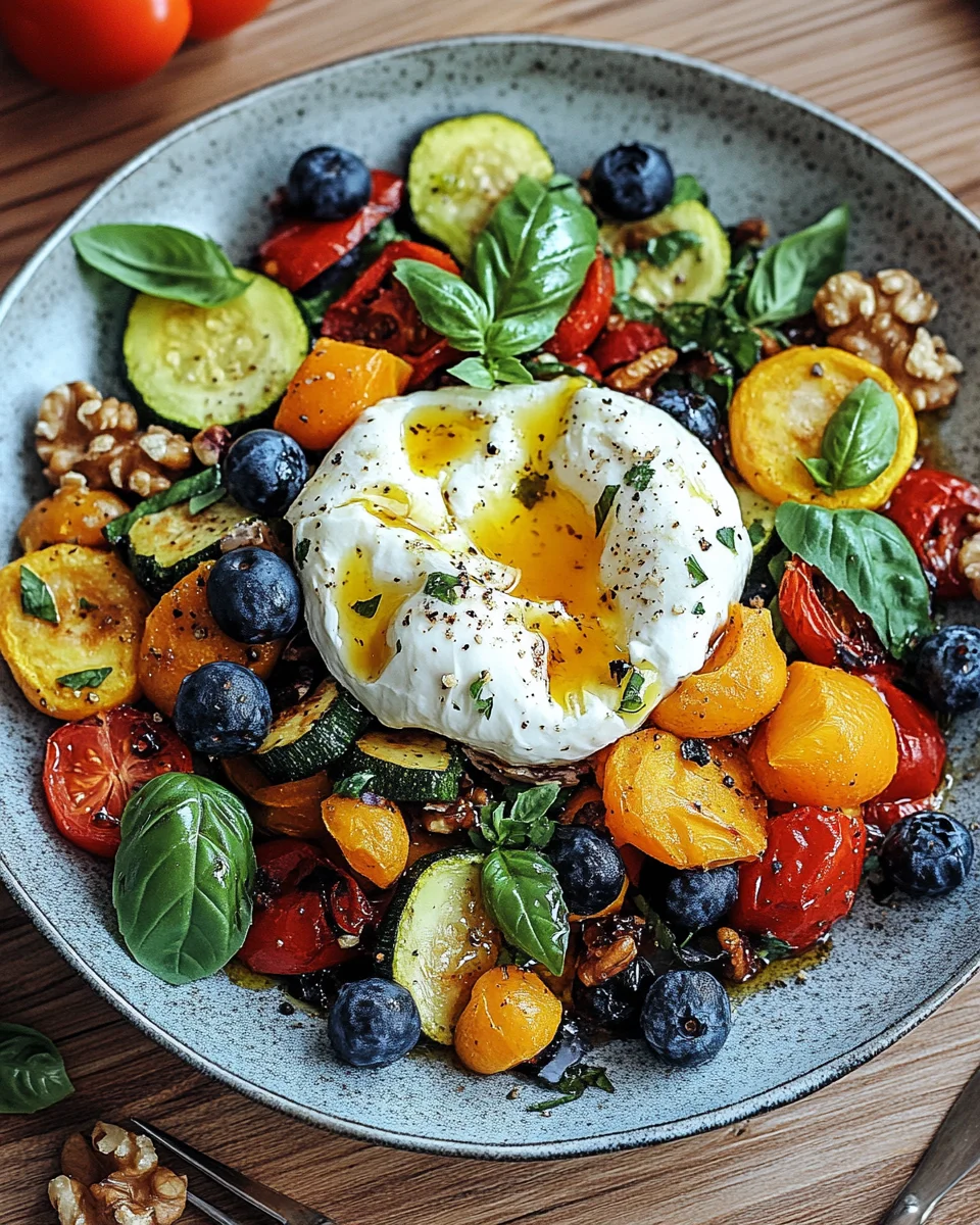 Burrata-Salat mit Ofengemüse und Blaubeeren