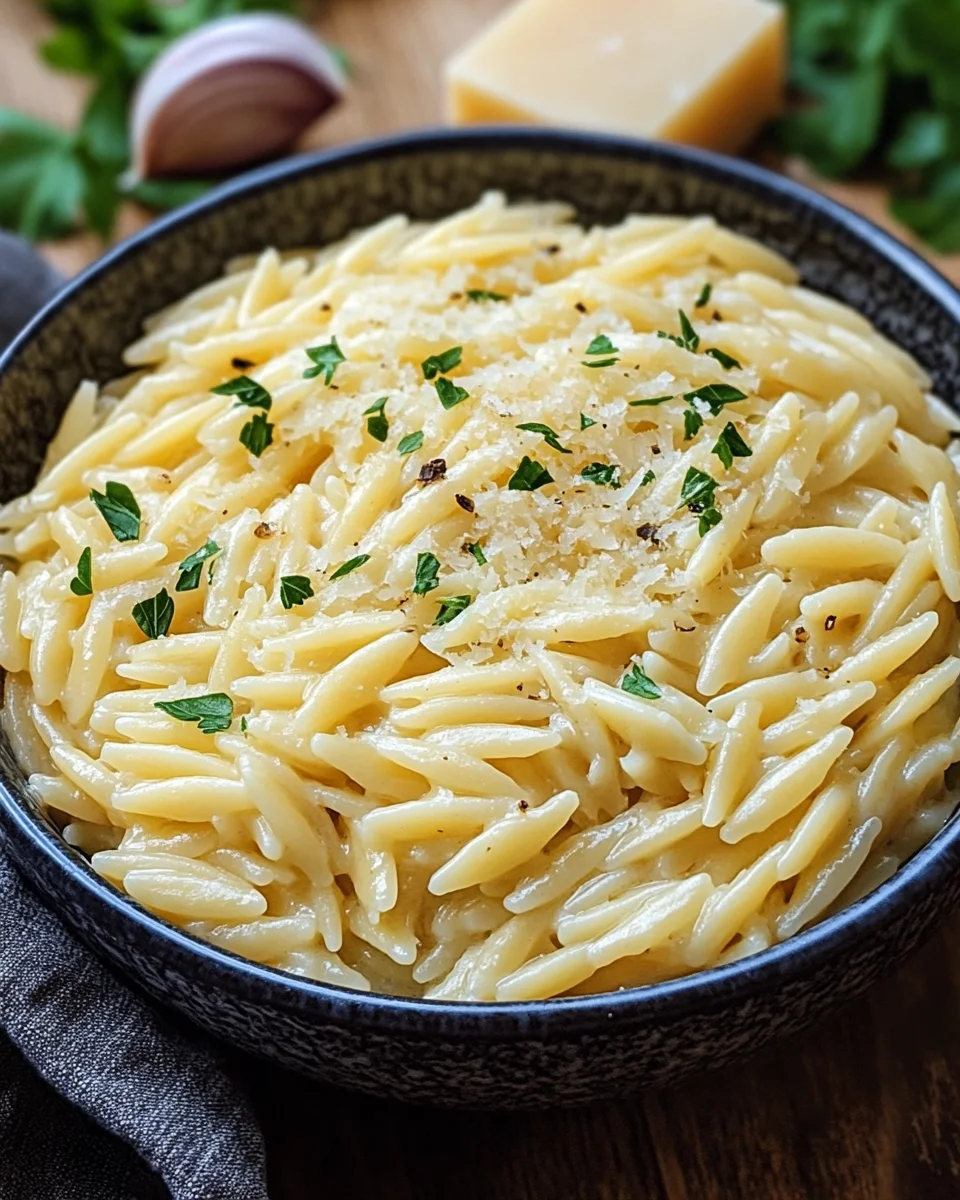 Cremige Orzo-Nudeln mit Knoblauch und Parmesan