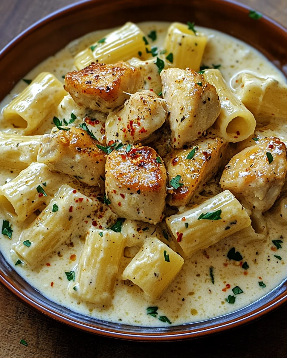Cremiges Knoblauchbutter-Huhn und Rigatoni in Parmesan-Soße