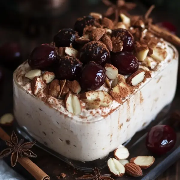 Cremiges Zimtparfait mit gebrannten Mandeln und Kirschen