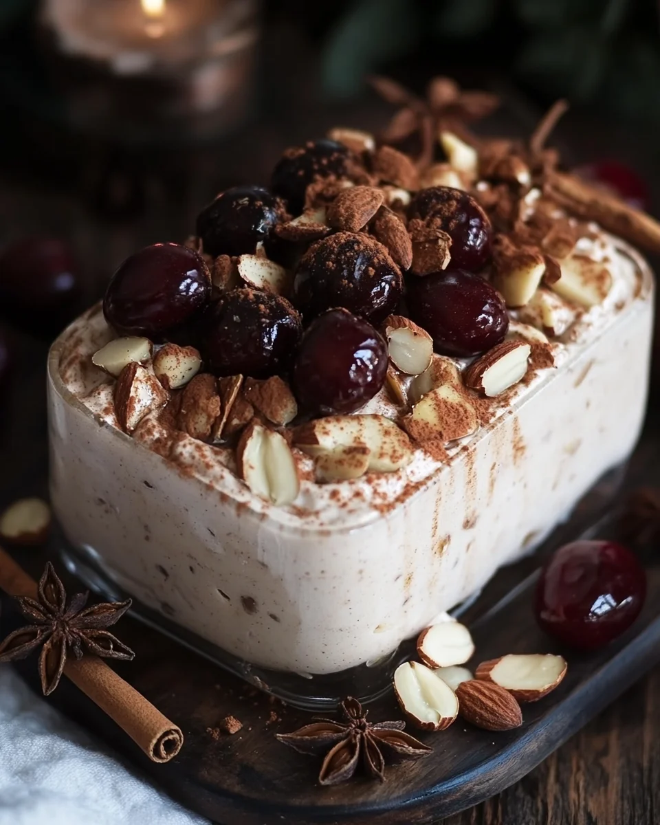 Cremiges Zimtparfait mit gebrannten Mandeln und Kirschen