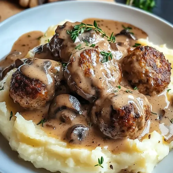 Fleischbällchen mit Kartoffelpüree und Champignonrahmsauce