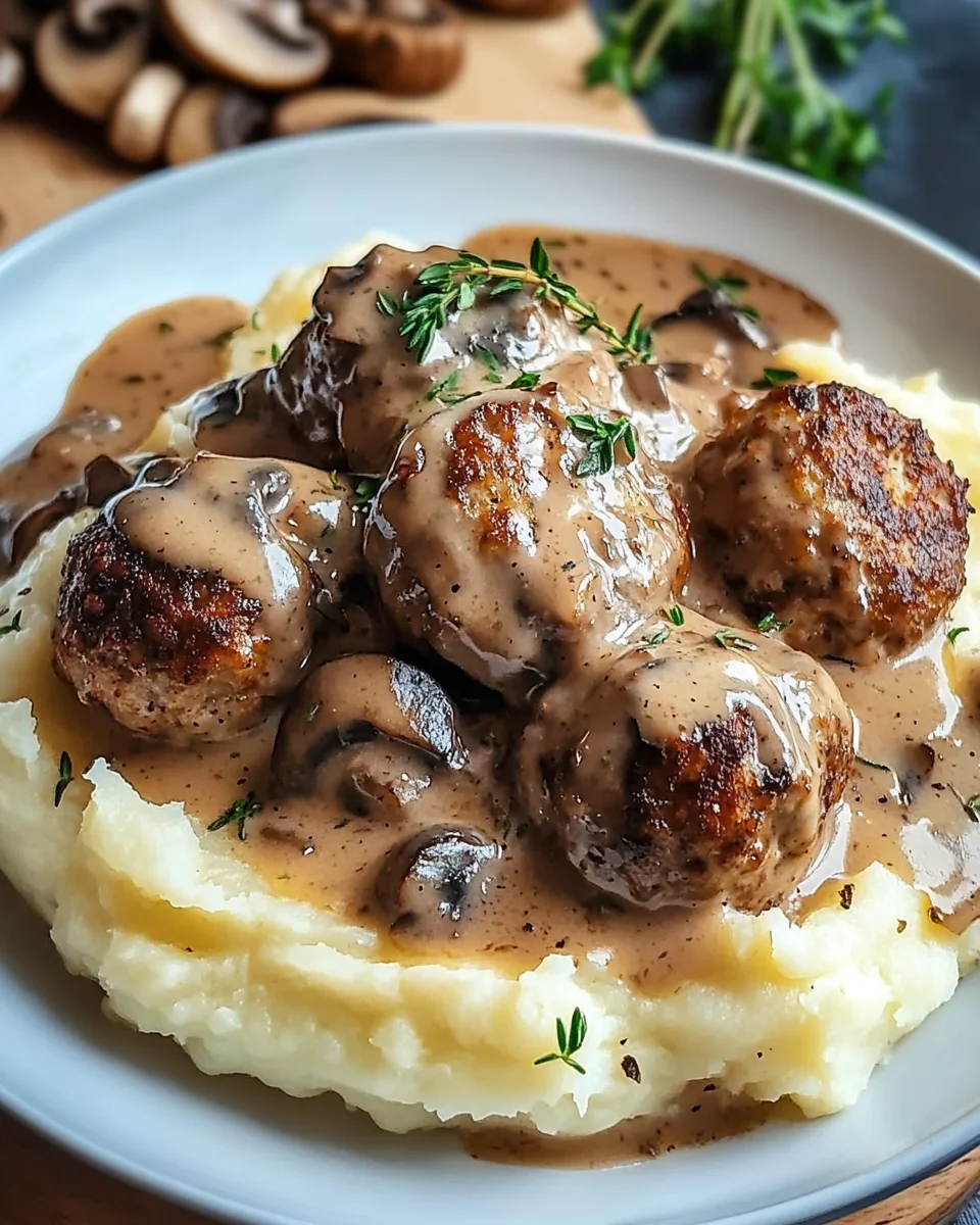 Fleischb&auml;llchen mit Kartoffelp&uuml;ree und Champignonrahmsauce