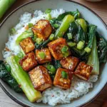Gebratener Pak Choi mit knusprigem Tofu und Reis