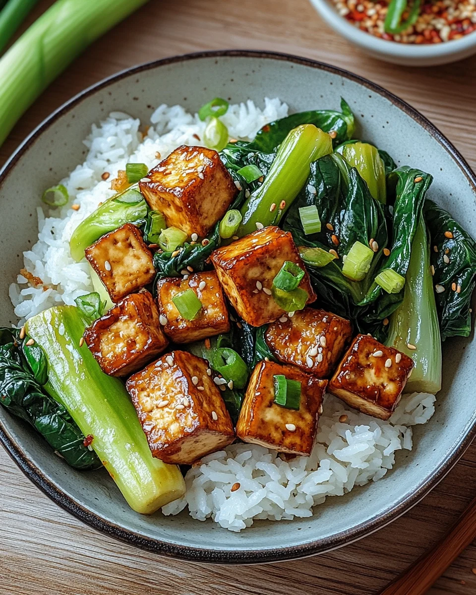Gebratener Pak Choi mit knusprigem Tofu und Reis