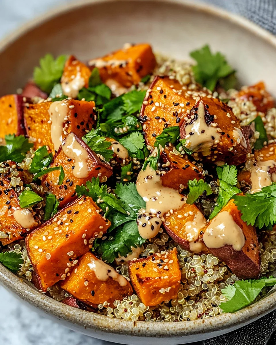 Gerösteter Süßkartoffel-Quinoa-Salat mit Sesam-Miso-Sauce