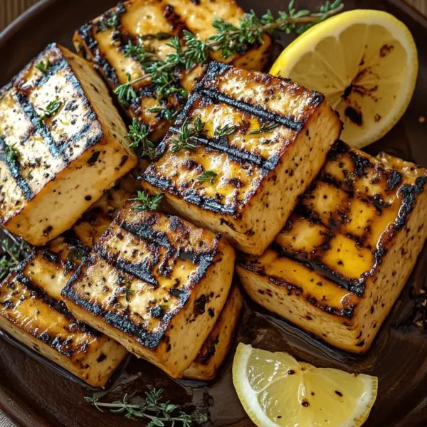 Griechischer gegrillter Tofu mit Zitrone und Thymian