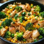 H&auml;hnchen-Reis-Pfanne mit Brokkoli und Mais