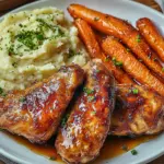Knusprig-scharfes Honig-H&auml;hnchen mit ger&ouml;steten Karotten und Schnittlauch-Kartoffelp&uuml;ree