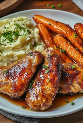 Knusprig-scharfes Honig-Hähnchen mit gerösteten Karotten und Schnittlauch-Kartoffelpüree