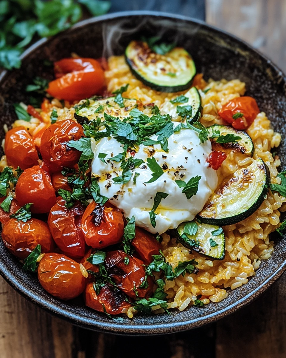 Mediterrane Reispfanne mit Burrata