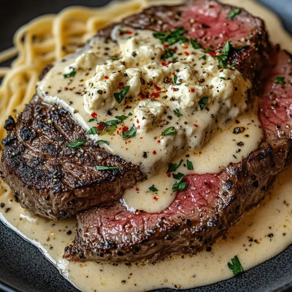 Pikantes Steak Gorgonzola Alfredo mit cremiger Parmesan-Soße