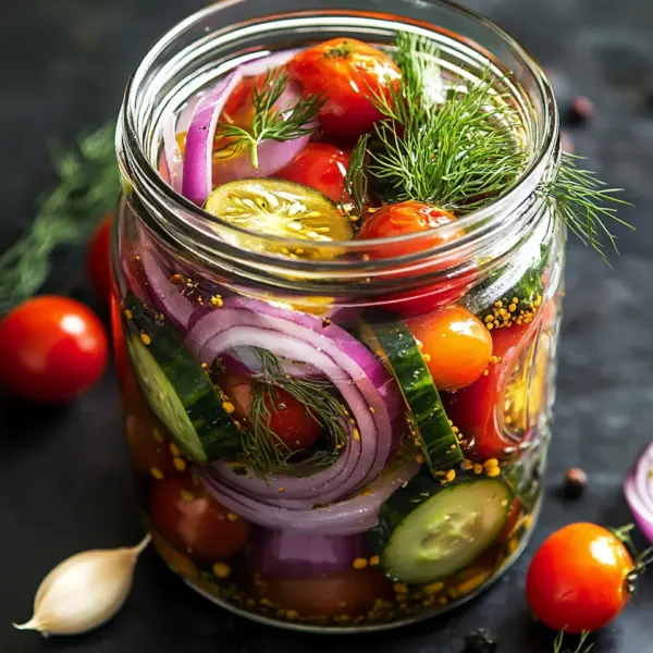 Eingelegte Kirschtomaten, Rote Zwiebeln und Gurken