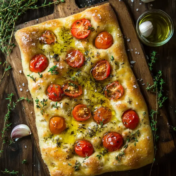 Focaccia mit Tomaten, Knoblauch & Thymian