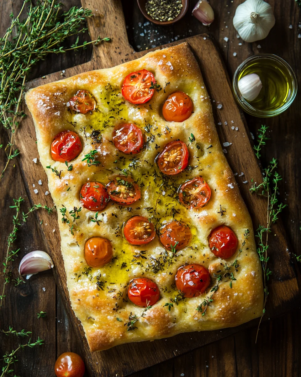 Focaccia mit Tomaten, Knoblauch & Thymian
